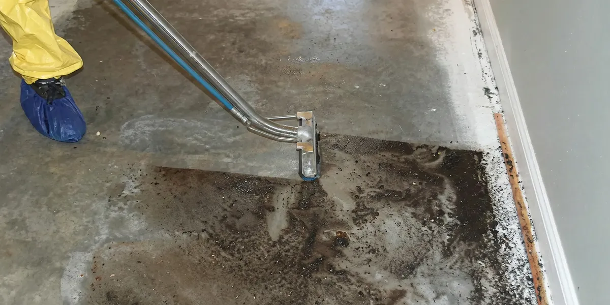 sewage removal technicians extracting contaminated wastewater from a residential floor in Cleveland, OH